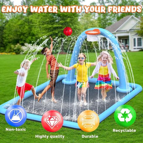 110'' Splash Pad with Ball, Basketball Hoop & Arch, Outdoor Water Mat for Kids, Dogs & Adults, Non-Slip Thickened Sprinkler Pad for Backyard Summer Fun in Saudi Arabia