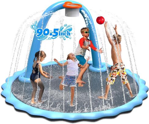 110'' Splash Pad with Ball, Basketball Hoop & Arch, Outdoor Water Mat for Kids, Dogs & Adults, Non-Slip Thickened Sprinkler Pad for Backyard Summer Fun in Saudi Arabia