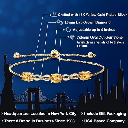 2.27 Cttw 7X5MM Oval Yellow Citrine and White Lab Grown Diamond 18K Yellow Gold Plated Silver Bracelet For Women | Gemstone Birthstone | Adjustable Bolo Bracelet For Women | Easy-On Easy-Off in Saudi Arabia