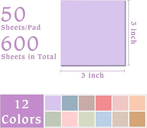 Sticky Notes 3"x3", 12 Colors Vintage Self-Stick Note Aesthetic, 12 Pads, 50 Sheets/Pad Total 600 Sheets, Easy to Post for School Office Desk Accessories Desk Supplies (Vintage Morandi) in Kuwait