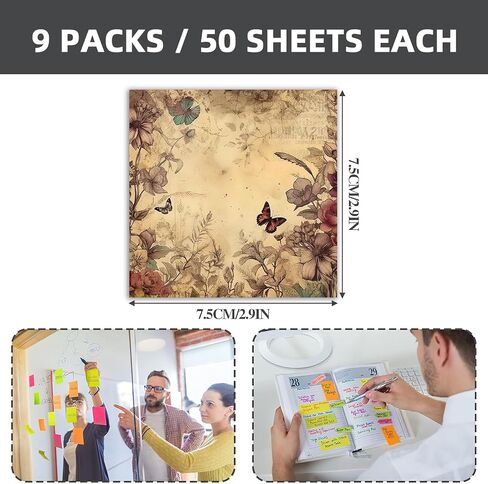 Retro 9 Pack/450 Sheets 3x3 inch Sticky Notes Set, Reusable Tearable Post it Notes and High-Adhesive Planner Notepad Desk Accessories for School, Office, and Home - Bulk Retro Stationery Gift in Saudi Arabia
