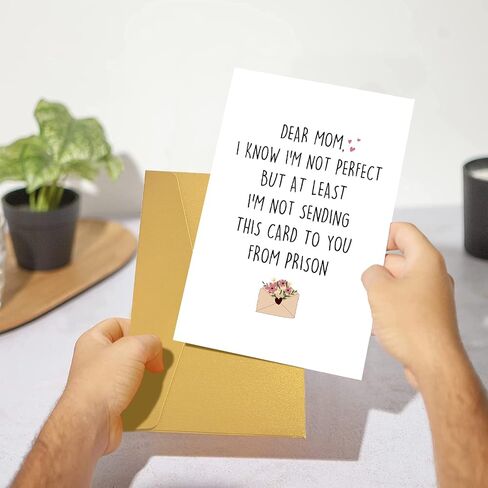 Funny Mothers Day Card from Daughter Son, Humorous Birthday Card Gift for Mom, At Least Not From Prison in Saudi Arabia