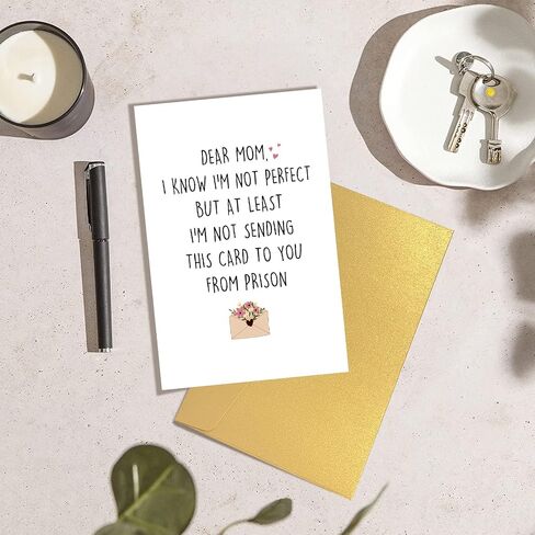 Funny Mothers Day Card from Daughter Son, Humorous Birthday Card Gift for Mom, At Least Not From Prison in Saudi Arabia