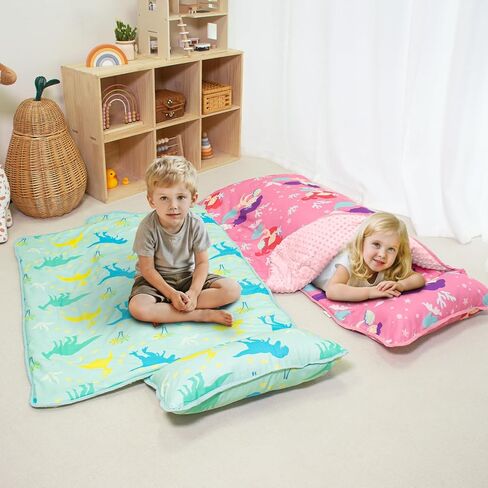 Toddler Nap Mat with Pillow and Blanket, Extra Large Sleeping Bag | 55"x35" Sleeping Mat, Washable, Easy to Roll, Perfect for Preschool, Daycare, Kindergarten, Boys and Girls, Strawberry in Kuwait