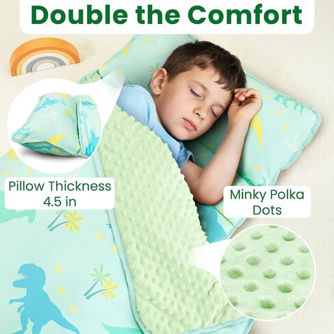 Toddler Nap Mat with Pillow and Blanket, Extra Large Sleeping Bag | 55"x35" Sleeping Mat, Washable, Easy to Roll, Perfect for Preschool, Daycare, Kindergarten, Boys and Girls, Strawberry in Kuwait