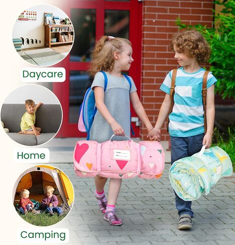 Toddler Nap Mat with Pillow and Blanket, Extra Large Sleeping Bag | 55"x35" Sleeping Mat, Washable, Easy to Roll, Perfect for Preschool, Daycare, Kindergarten, Boys and Girls, Strawberry in Kuwait