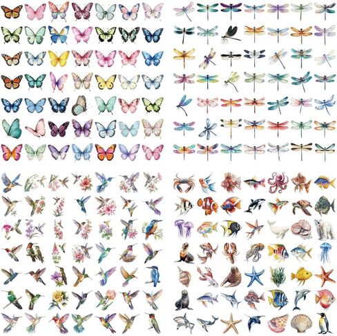 200 Pcs Clear PET Stickers - Watercolor Butterfly, Dragonfly, Hummingbirds & Sea Animals - 50 Unique Designs Per Theme - Aesthetic Stickers for Journals, Scrapbooks, Laptops & DIY Crafts in Saudi Arabia