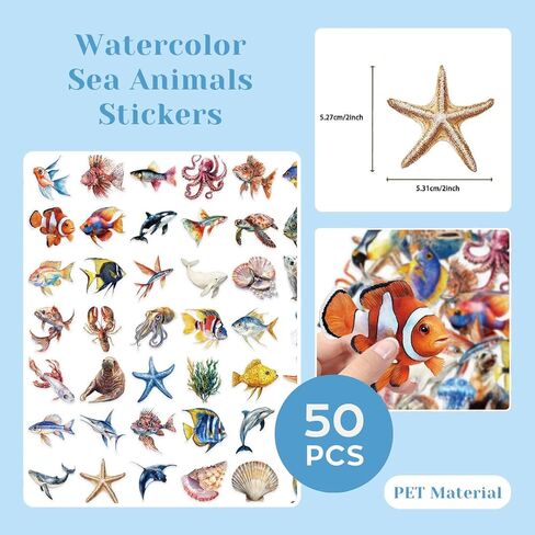 200 Pcs Clear PET Stickers - Watercolor Butterfly, Dragonfly, Hummingbirds & Sea Animals - 50 Unique Designs Per Theme - Aesthetic Stickers for Journals, Scrapbooks, Laptops & DIY Crafts in Saudi Arabia