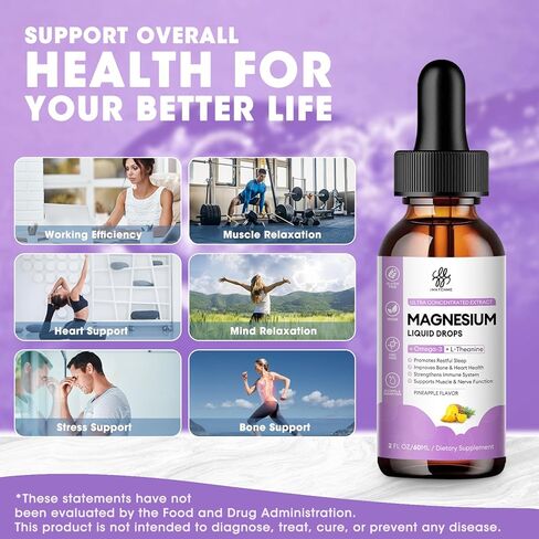 Magnesium Supplement Support Sleep, Calm, Muscle Cramp & Stress Relief, Liquid Magnesium, Gluten Free, Non GMO, Blueberry Flavor, 2 Fl Oz in Kuwait