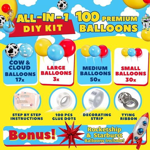 100pc, 4 Sizes – Toy Story Balloons Arch Kit for Boy Story Baby Shower Decorations Theme – Toy Story Balloon Garland Kit with Cloud & Cow Toy Story Balloons for First Toy Story Birthday Party Supplies in Kuwait