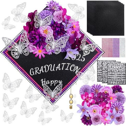 Moerstar Cap Decorations for Graduation Kit with 3D Flowers Butterfly Decorations Cap Toppers Alphabet Letter Stickers Rhinestones Stickers for DIY Graduation Caps Decoration (Purple) in Saudi Arabia