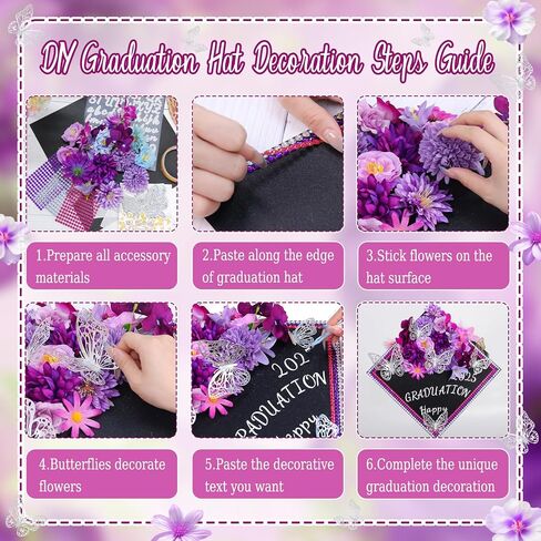Moerstar Cap Decorations for Graduation Kit with 3D Flowers Butterfly Decorations Cap Toppers Alphabet Letter Stickers Rhinestones Stickers for DIY Graduation Caps Decoration (Purple) in Saudi Arabia
