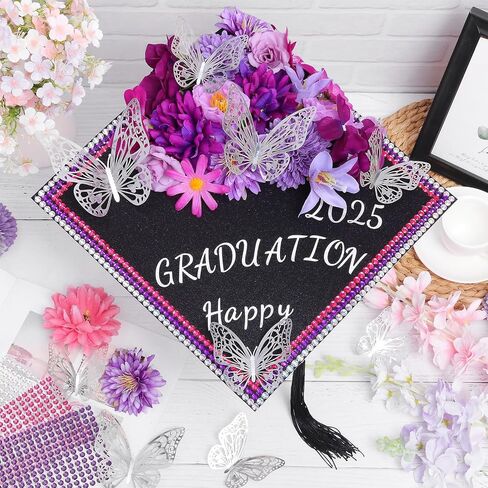 Moerstar Cap Decorations for Graduation Kit with 3D Flowers Butterfly Decorations Cap Toppers Alphabet Letter Stickers Rhinestones Stickers for DIY Graduation Caps Decoration (Purple) in Saudi Arabia
