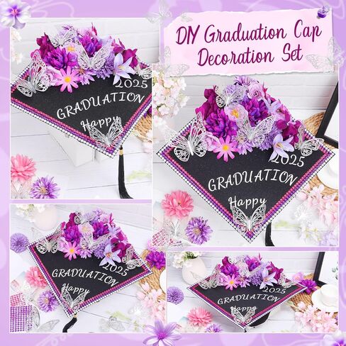 Moerstar Cap Decorations for Graduation Kit with 3D Flowers Butterfly Decorations Cap Toppers Alphabet Letter Stickers Rhinestones Stickers for DIY Graduation Caps Decoration (Purple) in Saudi Arabia