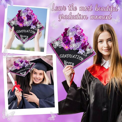 Moerstar Cap Decorations for Graduation Kit with 3D Flowers Butterfly Decorations Cap Toppers Alphabet Letter Stickers Rhinestones Stickers for DIY Graduation Caps Decoration (Purple) in Saudi Arabia