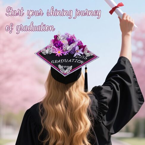 Moerstar Cap Decorations for Graduation Kit with 3D Flowers Butterfly Decorations Cap Toppers Alphabet Letter Stickers Rhinestones Stickers for DIY Graduation Caps Decoration (Purple) in Saudi Arabia