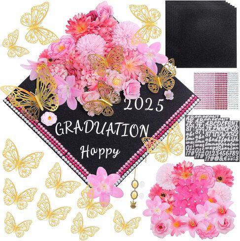 Moerstar Cap Decorations for Graduation Kit with 3D Flowers Butterfly Decorations Cap Toppers Alphabet Letter Stickers Rhinestones Stickers for DIY Graduation Caps Decoration (Purple) in Saudi Arabia