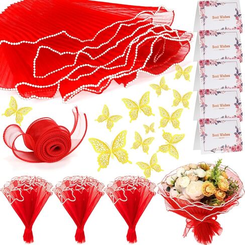 مجموعة ورق غلاف شبكات غلاف زهرة Gilprop ، 3 PCS 11in × 4 YD Wavy Pearl Flower Buouket Packaging Plaging Poster Pistior مع الشريط والفراشة ثلاثية الأبعاد وبطاقة عيد أم عيد الحب (الأسود) in Kuwait