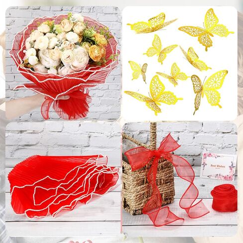 مجموعة ورق غلاف شبكات غلاف زهرة Gilprop ، 3 PCS 11in × 4 YD Wavy Pearl Flower Buouket Packaging Plaging Poster Pistior مع الشريط والفراشة ثلاثية الأبعاد وبطاقة عيد أم عيد الحب (الأسود) in Kuwait
