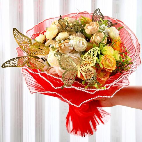 مجموعة ورق غلاف شبكات غلاف زهرة Gilprop ، 3 PCS 11in × 4 YD Wavy Pearl Flower Buouket Packaging Plaging Poster Pistior مع الشريط والفراشة ثلاثية الأبعاد وبطاقة عيد أم عيد الحب (الأسود) in Kuwait