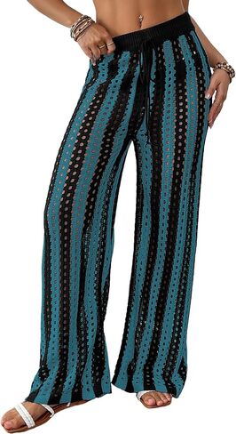 Bsubseach Women's Beach Cover Up Pants Hollow Out Drawstring Elastic Striped High Waist Bathing Suit Mesh Sheer Wide Leg Pant in Saudi Arabia