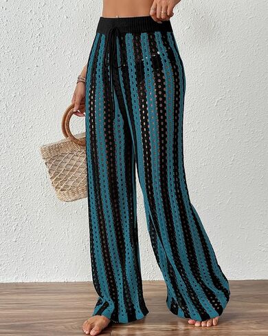 Bsubseach Women's Beach Cover Up Pants Hollow Out Drawstring Elastic Striped High Waist Bathing Suit Mesh Sheer Wide Leg Pant in Saudi Arabia