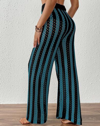 Bsubseach Women's Beach Cover Up Pants Hollow Out Drawstring Elastic Striped High Waist Bathing Suit Mesh Sheer Wide Leg Pant in Saudi Arabia