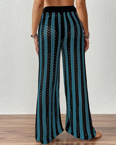 Bsubseach Women's Beach Cover Up Pants Hollow Out Drawstring Elastic Striped High Waist Bathing Suit Mesh Sheer Wide Leg Pant in Saudi Arabia