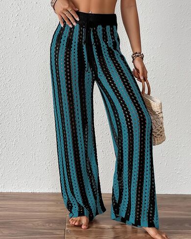 Bsubseach Women's Beach Cover Up Pants Hollow Out Drawstring Elastic Striped High Waist Bathing Suit Mesh Sheer Wide Leg Pant in Saudi Arabia