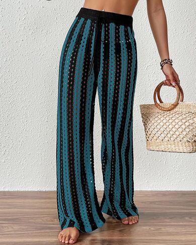 Bsubseach Women's Beach Cover Up Pants Hollow Out Drawstring Elastic Striped High Waist Bathing Suit Mesh Sheer Wide Leg Pant in Saudi Arabia