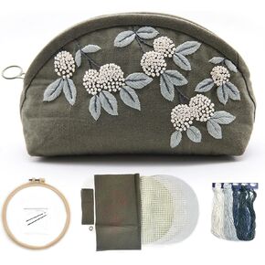 FONNUY Embroidery Kit Makeup Bag for Beginners, Flowers Pre-Stamped Pattern Handbag Coin Purses Making Kits for Adults with Hoop, Easy to Follow Color Thread Needlework (Grey)