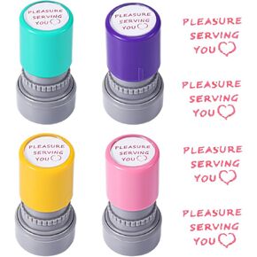 4pcs Pleasure Serving You Stamp, Self Ink Server Stamps for Checks Cute Personalized Office Service Work Waitress Stationery Accessories (Purple, Yellow, Blue, Pink)