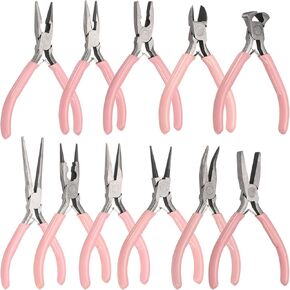 HARFINGTON 11pcs Jewelry Pliers Kits Jewelry Making Pliers Tool Needle/Round/End Cutter/Bent/Long/Flat Nose Pliers Wire Cutter & Diagonal Cutter for Beading Tool Hobby Craft, Pink