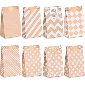 Vgoodall 24 Pack Pattern Pattern Kraft Paper Bass مع ملصقات ، وأكياس الحفلات القابلة لإعادة الاستخدام لحفلات الزفاف ، وأعياد الميلاد ، وتجارة التجزئة ، وعلاج الغداء