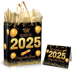 icanstand Black Gold Graduation Gift Bag with Tissue Paper and Greeting Card, 13" Large Congrats Grad Gift Bag Class of 2025 Graduation Party Favor Bag for High School College Graduates