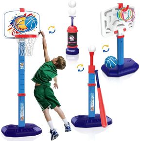 4 في 1 Kids Basketball Hoop Ring Troam T Ball Set - ارتفاع قابل للتعديل كرة السلة ، و Machining و Baseball Pitching Machine & Batting Tee & Toss ، هدايا ألعاب داخلية في الهواء الطلق للأطفال الصغار الفتيات الذين تتراوح أعمارهم بين 3-12 عامًا