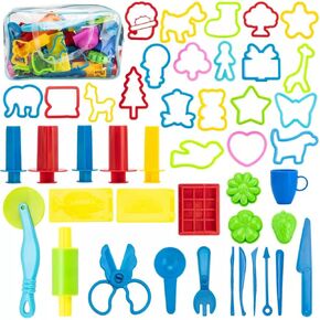 Maykid Dough Tools for Kids, 50Pcs Dough Tools Kit Include Assorted Colors Dough Accessory Molds Rollers Cutters Scissors and Storage Bag