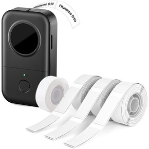 Phomemo D30 Label Maker with 4 Tapes - Black on White Continuous Label Tape, Mini Bluetooth Label Printer, Portable Smart Phone Handheld Sticker Labeler Inkless Rechargeable BPA-Free