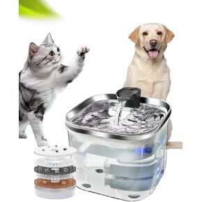 Cat Water Fountain with Stainless Steel Lid, 3.5L/118oz Automatic Cat Fountain with LED Light and Water Level Window for Cats and Dogs