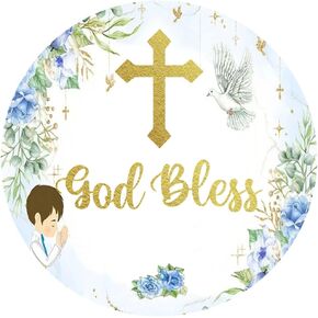 2" Blue and Gold Elegant Floral Cross Stickers God Bless Sticker Labels for Religious Baptism, Confirmation, Christening, First Communion - 50 Count
