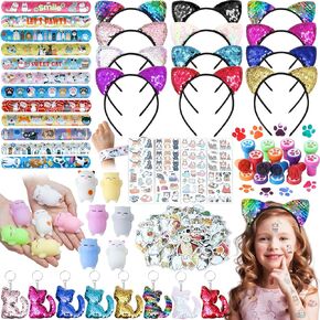 حفلات الحفلات Cat Favors لوازم عيد ميلاد للفتيات ترتر رأس العقب Squishy Toy Keychain Tattoo Tattoo Stamper Stamper Slap Stickle Cat Goodie Bag Stuffer Kids Cat Birthday Party Party Supplies
