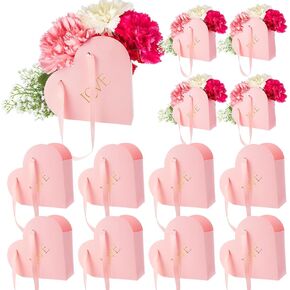 Kolldenn 12 PCS Heart Flower Flower Boxes Buequet Bucquet Bucket Bucket Mothers’s Day Floral Boxes for Transports Paper Floral Bag مع حقيبة يد سلة للزفاف للزفاف دش الزفاف (وردي)