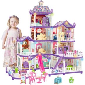 Doll House for Girls With Lights ، Play-Play DIY Dollhouse Kit-4 Story 10 Rooms Playhouse مع شخصين من لعبة Dolls Toy و Asseccories والأثاث والتصميم وبناء هدية لثلاثة 4 5 6 6 7 سنوات من الفتيات البالغ من العمر