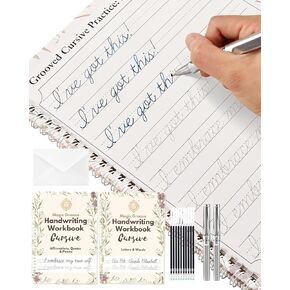 Uncle EJ® Grooved Orsive Workbriting Workbook Kit - مصنف كبير مخطوطة للأطفال 8-12 والبالغين ، وممارسة خط اليد القابلة لإعادة الاستخدام السحرية ، وكلمات الرسائل والتأكيدات ، والسحر السريع ، 9.8 "× 7"