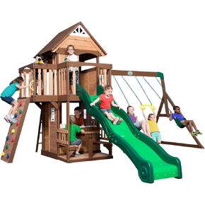 اكتشاف الفناء الخلفي Mount Triumph Cedar Wood Swing مع شريحة موجة ، نادي ، جدار صخري ، مطبخ لعب ، منطقة للنزهات ، تقلبات الحزام ، أرجوحة ، شرفات ، مسرح ، سلم ، ملحقات ، ألعاب في الهواء الطلق