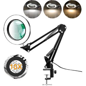 10x مكبرة الزجاج مع الضوء والوقوف ، 2 في 1 في 1 مصباح المكتب المكسور LED ، 3 أوضاع ألوان 10 قابلة للضايق ، مكبّر إضاءة خالية من اليدين لإصلاح الحرف الإصلاحية القريبة من الأعمال (الأسود ، القاعدة)