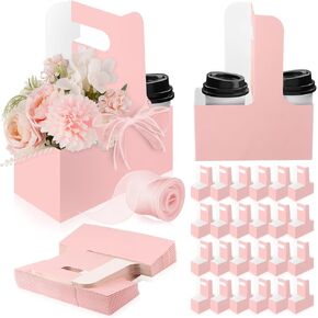 PYQTH 24 Count Kraft Paper Flower Gift Bags Disposable Drink Carrier with Handle 2 Cup Flower Paper Holder Boxes Floral Gift Bags for Mothers Day Wedding Birthday (Pink)