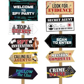 20 Pieces Secret Agent Secret Spy Birthday Party Decorations Detective Themed Party Directional Sign for Yard Mystery Crime Clue Evidence Decorations, 10 Styles