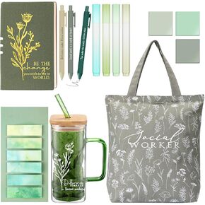 15 Pcs Social Worker Appreciation Gifts Include 16 oz Glass Cup Canvas Bag Leather Notebook Ballpoint Pens Aesthetic Sticky Notes Thank You Gifts for Women Social Worker Volunteer(Green)