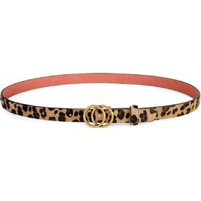 SANSTHS Double Ring Leather Belts for Women O-Style Gold Buckle Skinny Dress Belt 0.86 inch Width for Jeans Pants